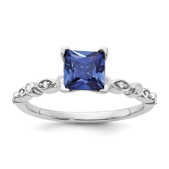 CLOSEOUT DEAL 925 Sterling Silver Created Blue Sapphire and Diamond Ring, size 7 - Picture 1 of 4